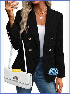 Tweed Blazer Double Breasted Notch Collar Long Sleeve Business Casual